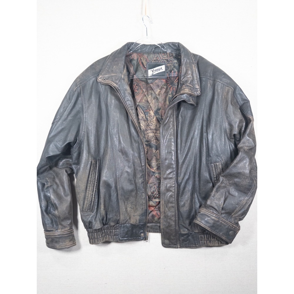 Viaggio Mens Distressed Leather Bomber Jacket Large Brown Vintage Quilted Lining